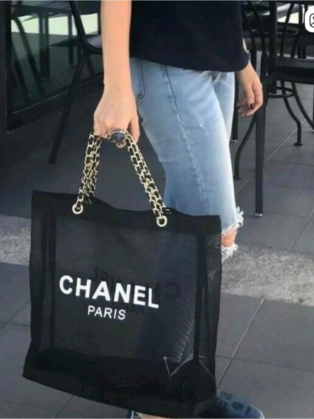Black Mesh Tote with Gold Chain Handles. GWP